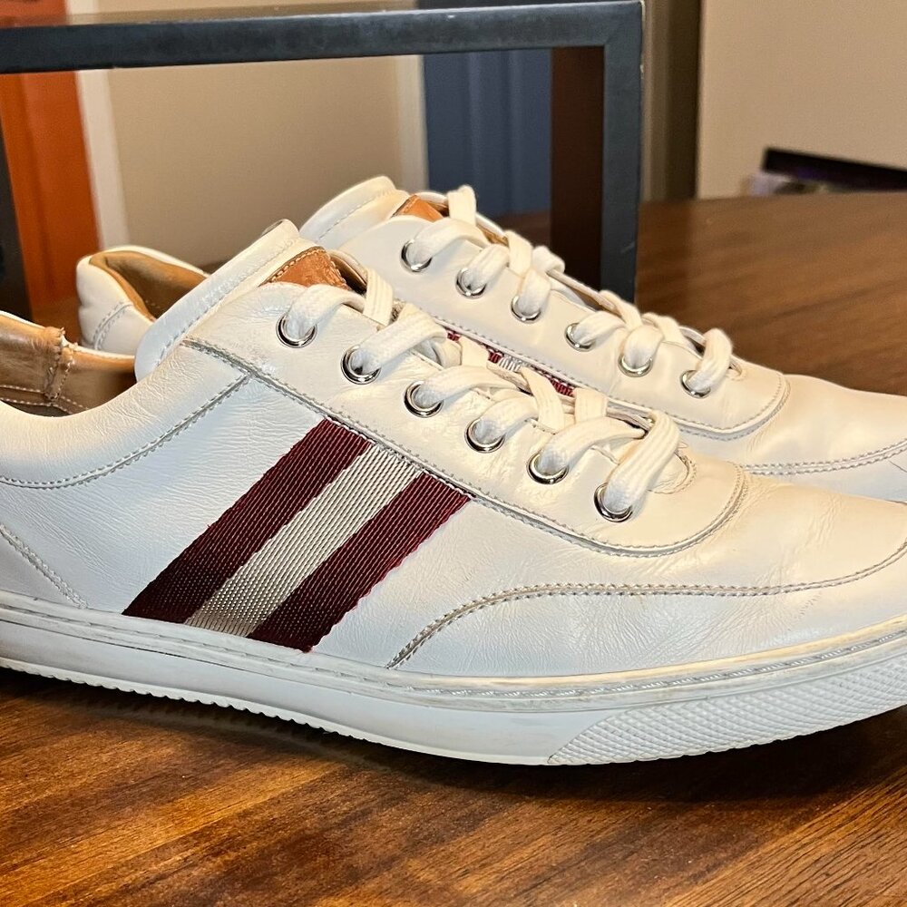 Swiss Brand Bally Oriano Men's White Leather Sneakers Signature Stripes Size 10D - Picture 2 of 10